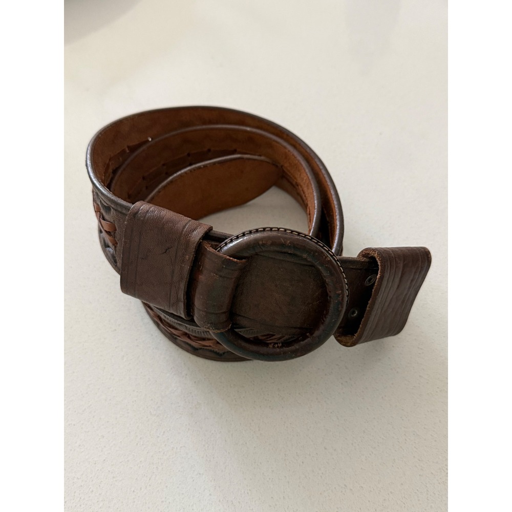 Hecho En Mexico Brown Leather Braided Basketweave Belt O-Ring Buckle Western